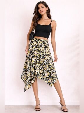 Vintage 90s Y2K Silk Asymmetrical Midi Skirt Mod Floral Y2K 90s Sz 6